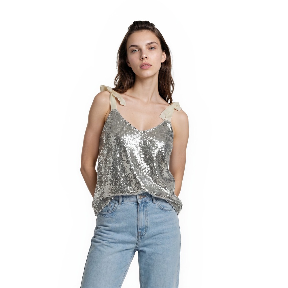 Cake For Dinner Sequin Tank Top Girls Size Medium Silver Tie Shoulder Glam Party
